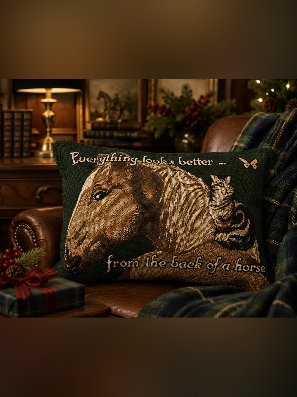 Tapestry Accent Pillow Graphic Horse Cat Butterfly Small Green Tan 13" X 8"